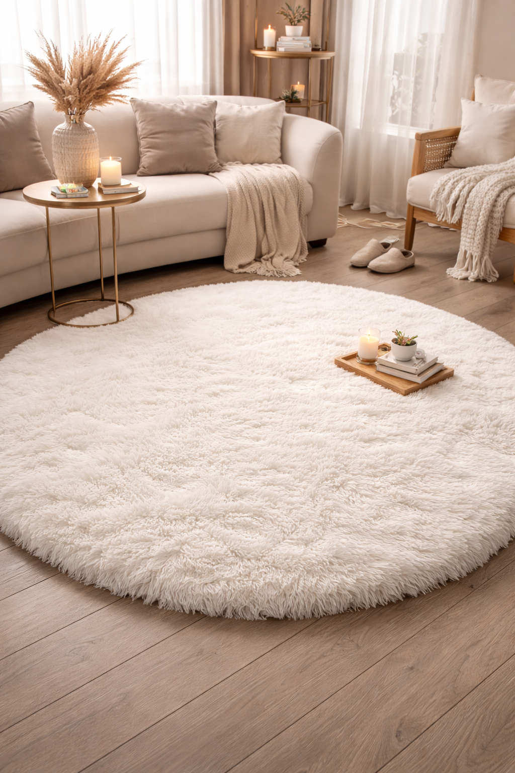 Tapis Rond Blanc en Peluche Moelleux